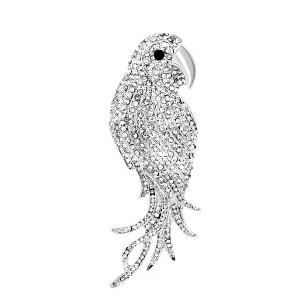 New Retro Rhinestone Parrot Silver Brooch Women Casual Crystal Jacket Scarf *